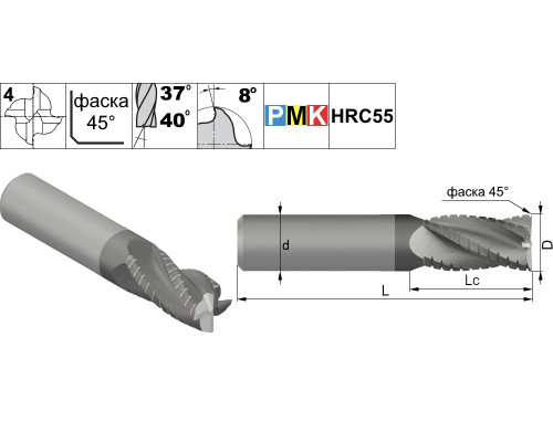 PMK10L.z4.05.25.75.37/40.F013.TiAlN Фреза концевая твердосплавная по металлу